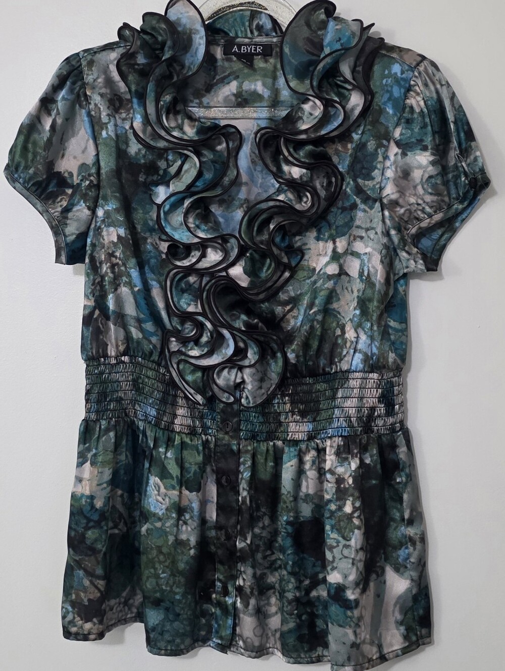 Vintage A. Byer Silky Ruffle V-neck Top Elastic Waist Office Siren Y2K Medium